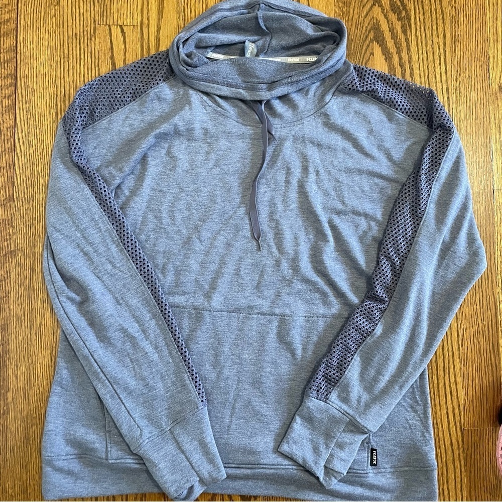 RBX Cowl Neck Activewear Gray Blue Pullover Front Pocket Size Large